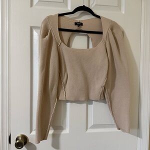 Fate Ribbed Scoop-Neck Long Sleeve Top in Beige